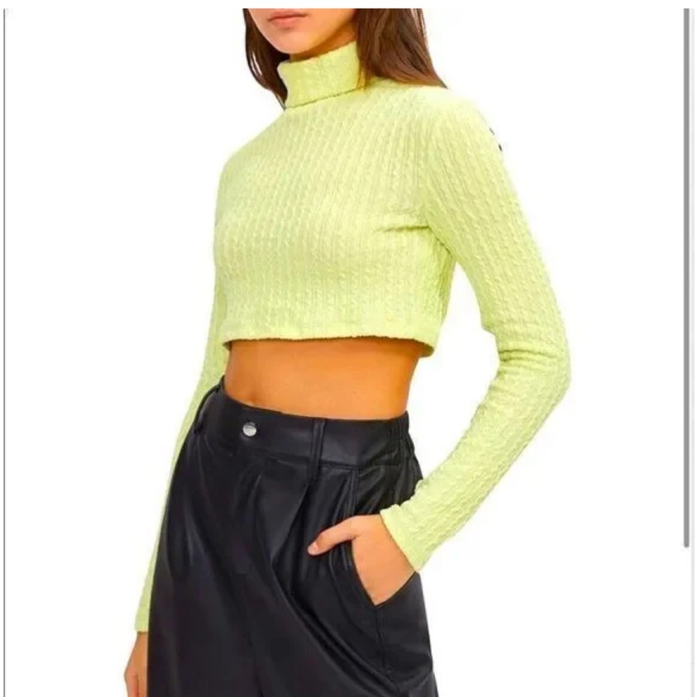 Bershka Yellow/Lime Neon Cropped High Neck Long Sleeve Top Size Medium